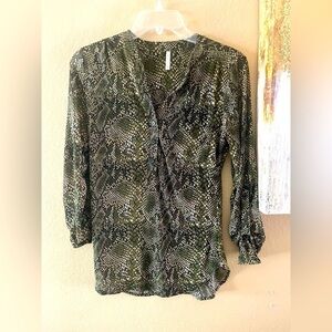 D.N.A Couture green and black snakeskin, sheer button front blouse size medium